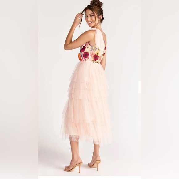 Blush One Shoulder New York and Company 3D Flora Dress Summer Dress. - Picture 3 of 5